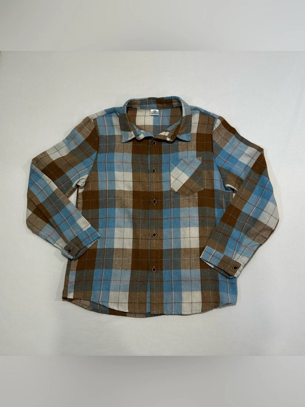 Boys Brown Blue Cream Plaid Button Down Flannel Shirt Size 10Y